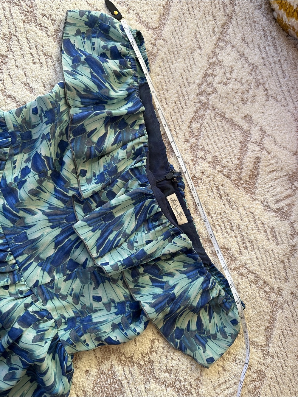 LoveShackFancy 100% Silk Blue Floral Off Shoulder Ruffle Dress Size 1 - Picture 6 of 17
